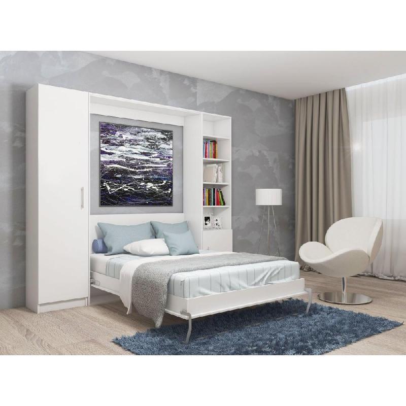 Composition Armoire Lit Escamotable SMART-V2 Blanc Mat - Couchage 140x200 cm avec 2 Colonnes de Rangement_1