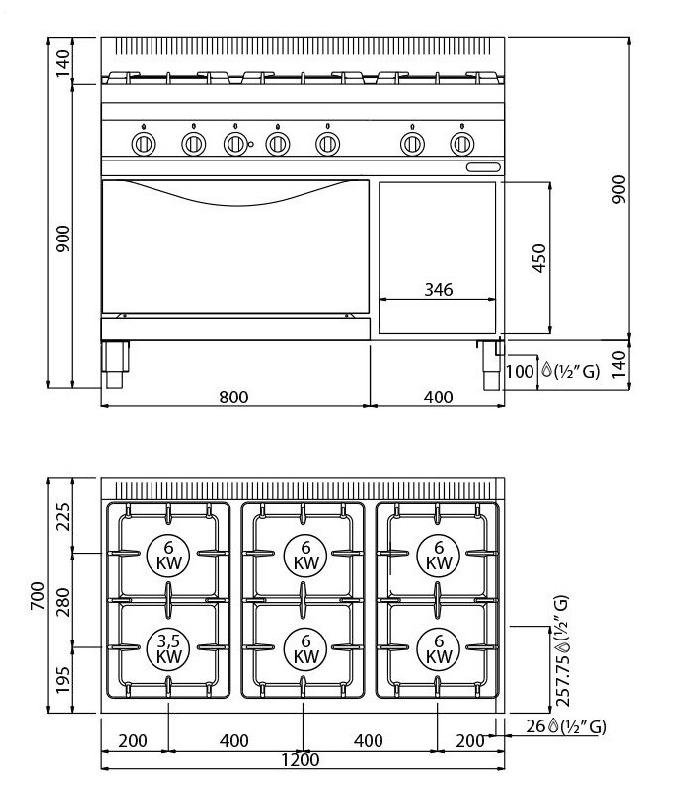 Fourneau à gaz professionnel 6 feux (33,5 kw) + four à gaz (7,8 kw)_1