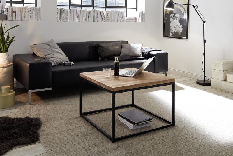 Table basse industrielle rectangulaire 70 cm - Chêne massif et métal noir laqué epoxy_1