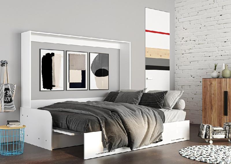 Armoire lit escamotable Vertigo Sofa - façade blanc brillant - canapé rouge 160x200 cm avec accoudoirs_1