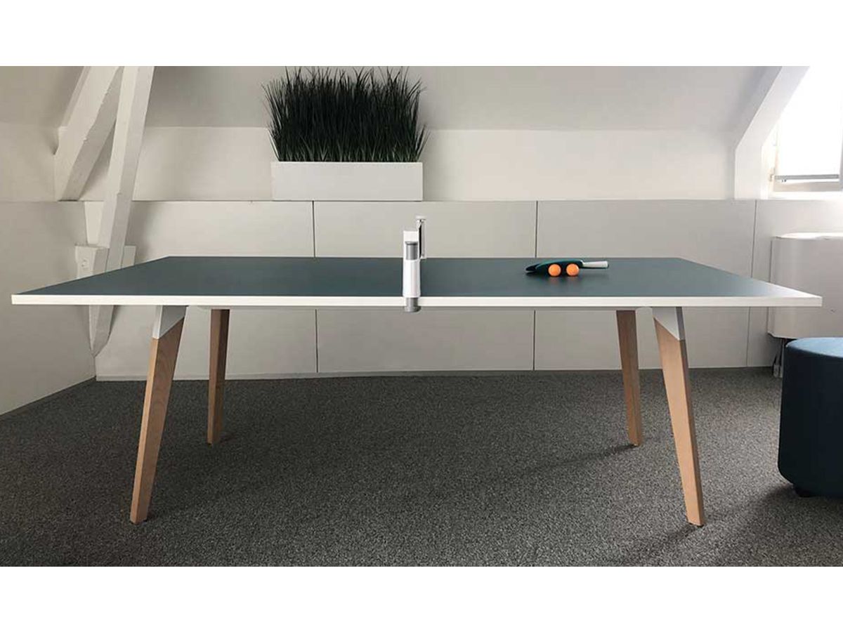 Table polyvalente Arena - 215x120x73.5 cm - Plateau mélaminé bleu - Structure blanche avec pieds en hêtre massif_1