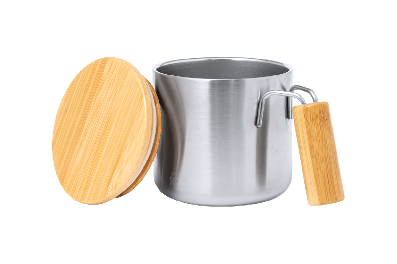 Mug thermos publicitaire en acier inoxydable recyclé - double paroi - poignée et couvercle en bambou - 330 ml_1