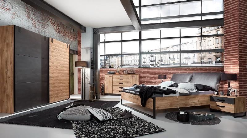 Lit Portland style industriel - 160 x 200 cm - Chêne poutre et tête en synthétique vieilli_1