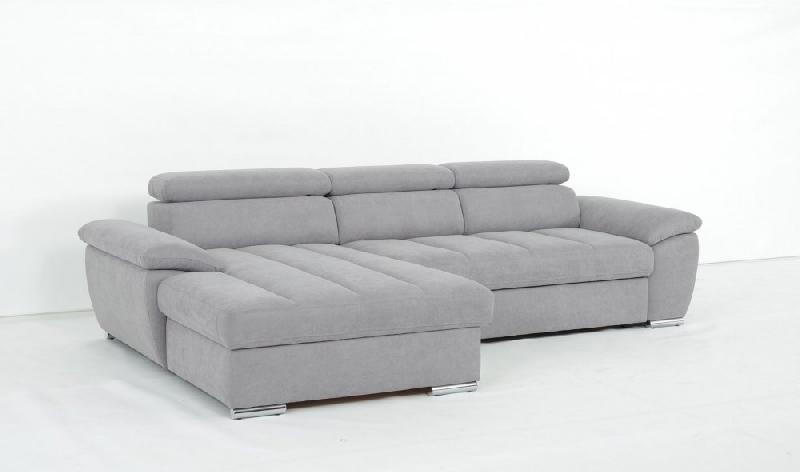 Canapé d'angle gauche convertible avec méridienne coffre Kid - Tissu gris clair - Couchage 140x200 cm - Pieds métal chromé_1