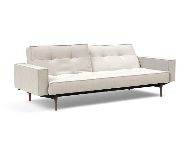Canapé convertible Splitback Styletto avec accoudoirs - pieds fuseau chêne noyer - tissu bouclé Off White - couchage 115x210 cm_1