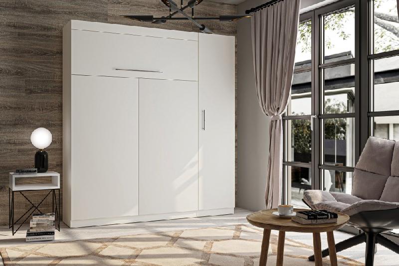 Composition armoire-lit Lutecia blanc mat - Couchage 140x190 cm avec colonne armoire et rangements intégrés_1