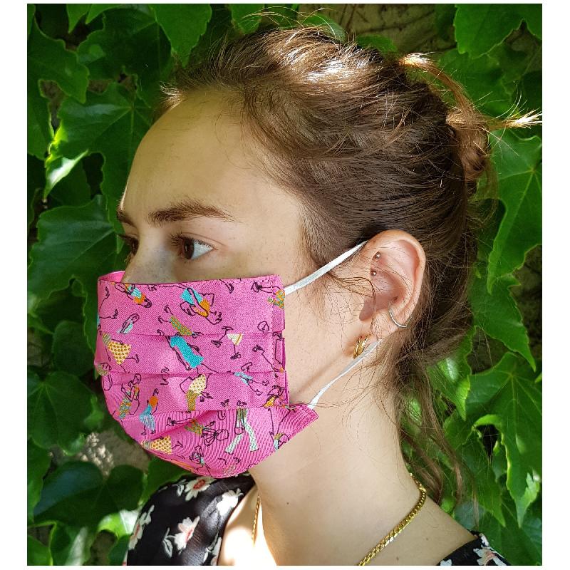 Masque lavable en soie imprimée foule - doublé coton - rose - Made in France - référence 30204.01.1_1