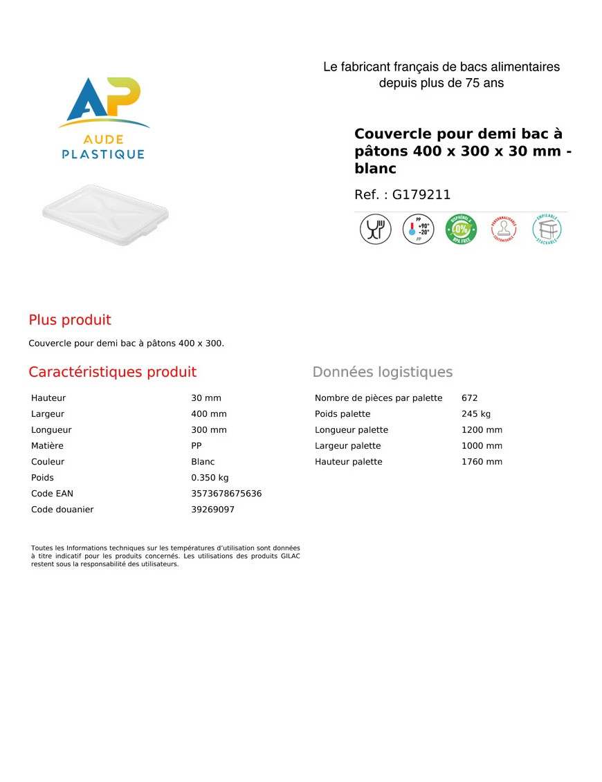 Lot de 20 demi-bacs à pâtons de 9 litres - avec couvercles - 400x300x100 mm - en PP alimentaire_1