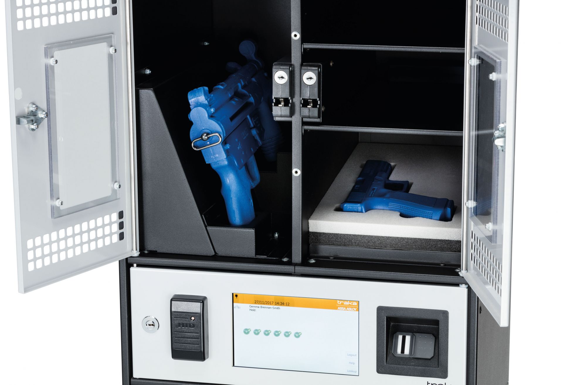 Casier electronique fiable specialement concu pour le rangement et le controle des armes de poing armes depaule et munitions