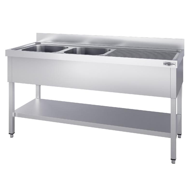 Plonge inox 2 bacs avec égouttoir et étagère - P 700 mm - 1400 mm bac à gauche_1