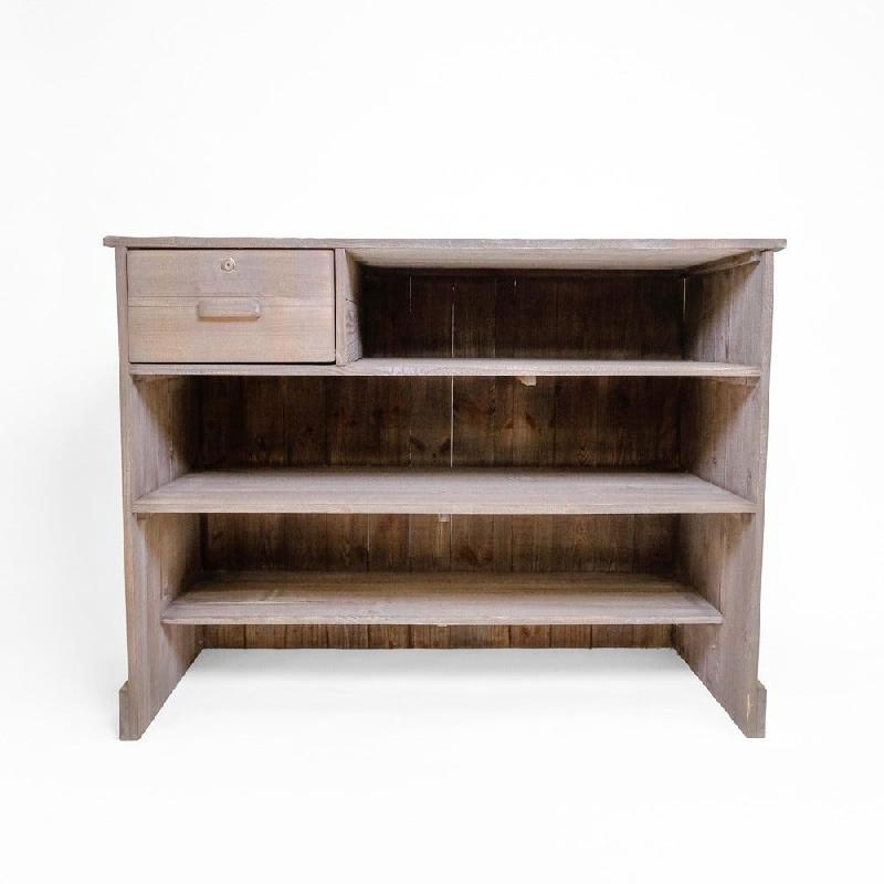 Comptoir Héritage en pin massif sablé - 119x59x90cm - 3 tablettes et tiroir sécurisé, option top en zinc_1