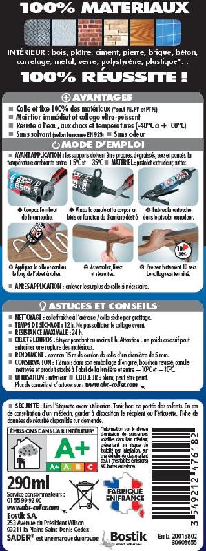 SADER Fixer sans percer - Colle mastic 100% matériaux, 290 ml blanc - Maintien immédiat, résistant à l'eau et aux variations de température_1