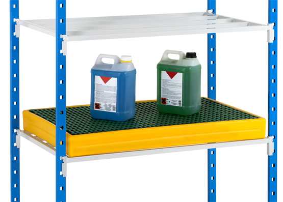 Étagère pour bacs de rétention légers - ETPLAS175/100-C - 4 niveaux modulables avec poteaux et tablettes tubulaires_1