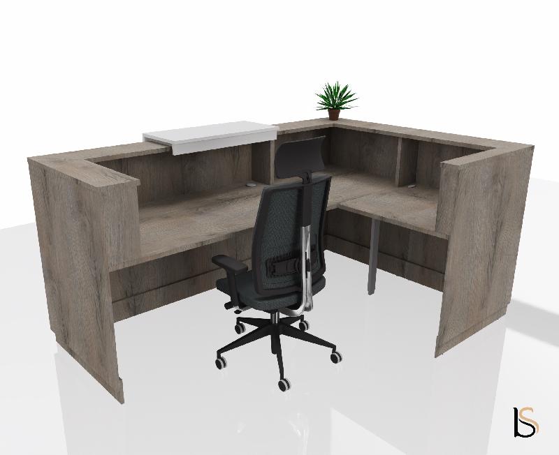 Banque d'accueil d'angle Delta Plus avec réhausse - Mobel Linea - 184, Blanc mat, Gauche, Non, Chêne grisé_1