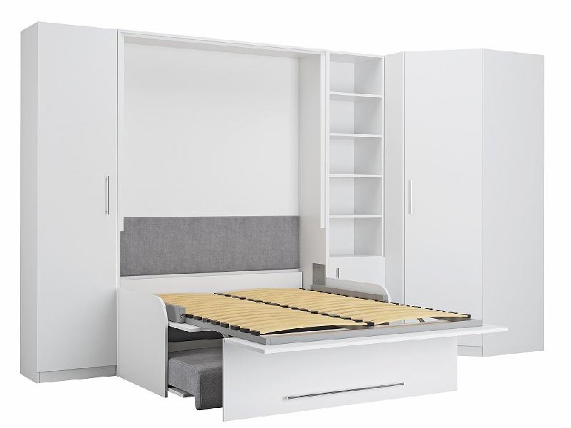 Composition angle lit escamotable Sofa Automatica - Canapé microfibre gris 140x200 cm avec rangement intégré_1