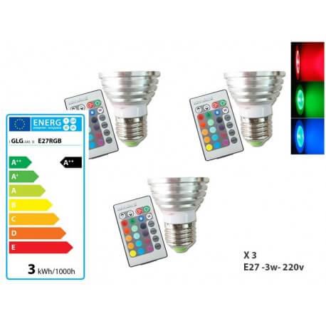 Lot de 3 ampoules LED E27 RGB 15 couleurs avec télécommande - basse consommation 3W et intensité réglable_1