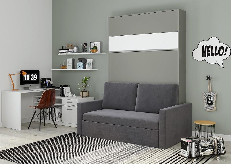 Armoire lit escamotable DJUKE SOFA - canapé gris 140x200 cm avec bandeau blanc mat - confort et fabrication européenne_1
