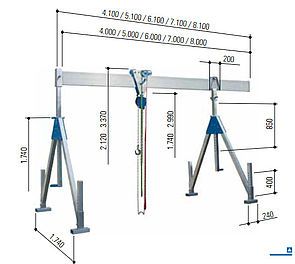 Portiques en aluminium stationnaires Schilling - 1.000 kg et 1.500 kg - avec montants pliables et chariot blocable_1