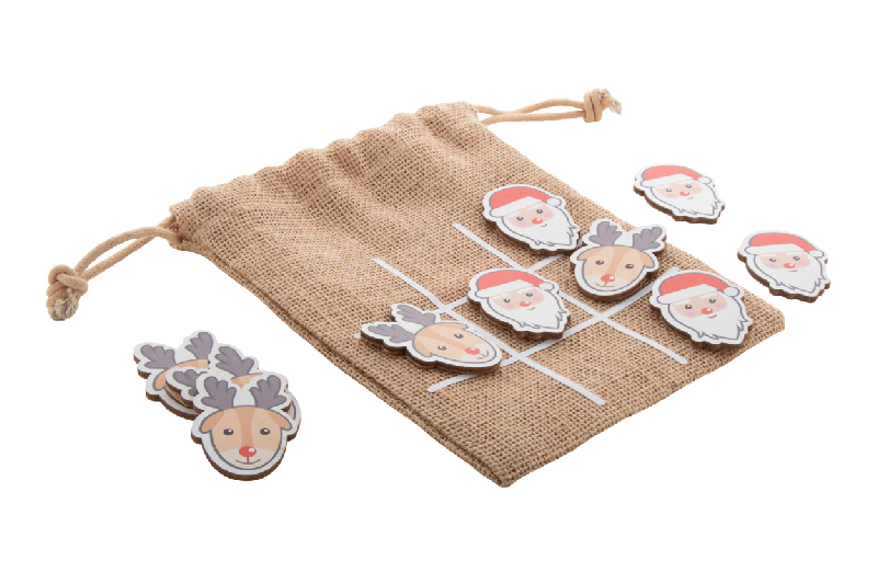 Jeu de morpions de Noël en contreplaqué de bouleau - Père Noël et renne avec jetons et pochette en jute_1