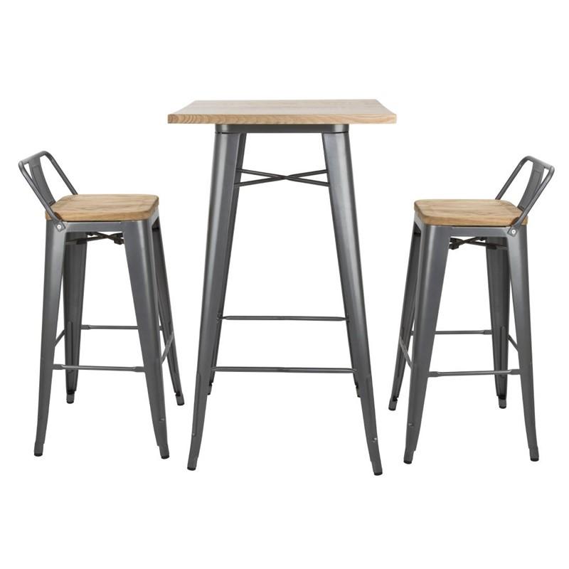 Tabourets bistro hauts avec dossier et assise en bois gris métallisé (lot de 4) | Bolero - FB624_1