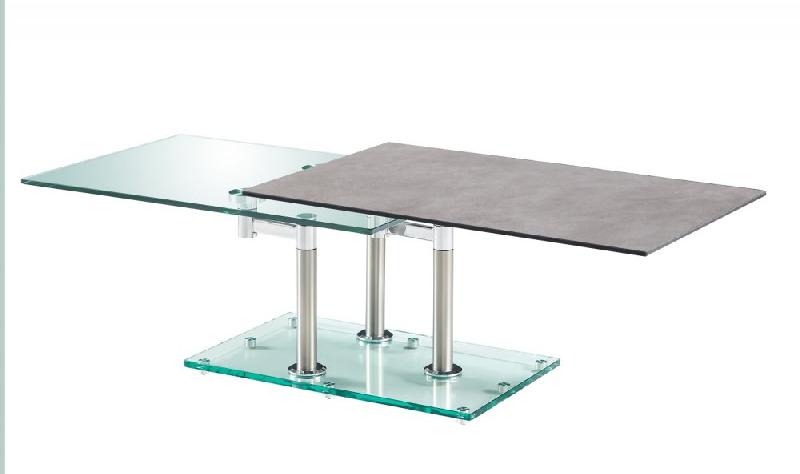 Table basse MATCH - céramique ciment - 2 plateaux pivotants en verre trempé - piètement acier chromé_1