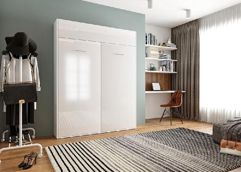 Armoire lit escamotable ultra plate Dynamo - Blanc mat et brillant effet miroir - Couchage 160x200 cm avec ouverture assistée_1