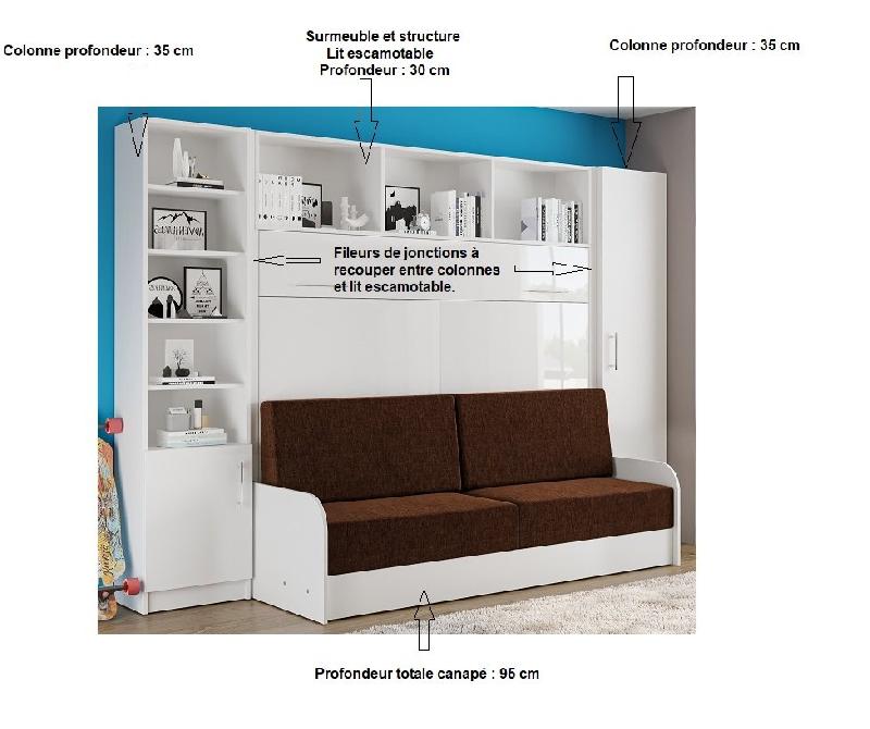 Composition lit escamotable Vertigo Sofa - accoudoirs mélaminés blanc brillant, canapé marron 160x200 cm - L315_1