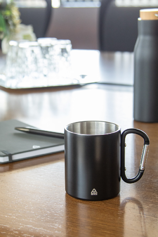 Mug thermos à double paroi en acier inoxydable recyclé - poignée mousqueton - 300 ml - couleur noire_1