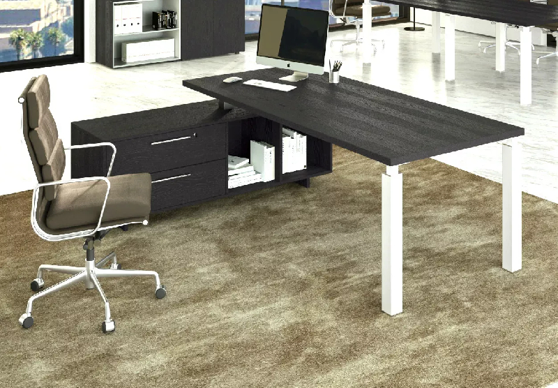 Bureau individuel pieds métalliques sur console So Flora - 225 x 170 cm, Noir mat (RAL 9005), Frêne Noir_1