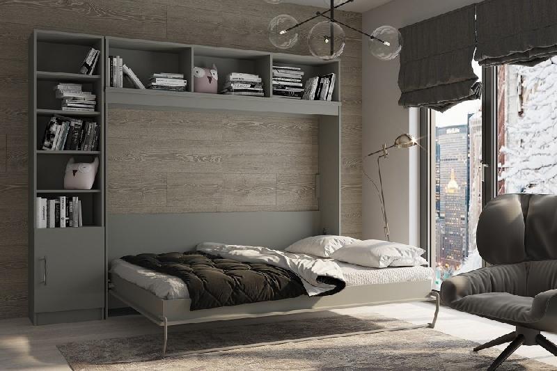 Composition armoire lit escamotable horizontale STRADA-V2 gris graphite mat avec couchage 160x200, surmeuble et colonne bibliothèque_1