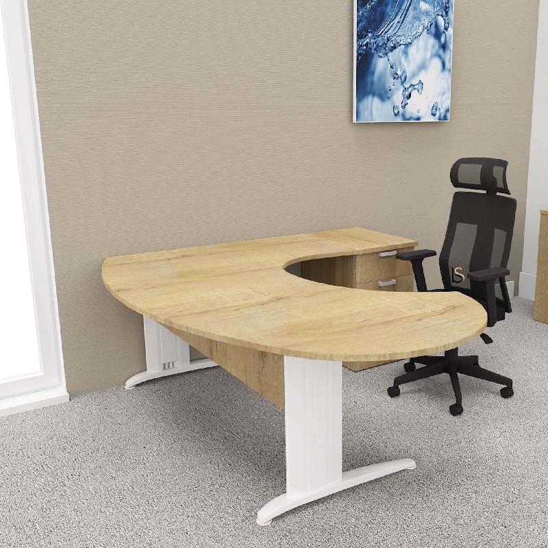 Bureau ergonomique et caisson intégré Sigma - Mobel Linea - 220, Blanc, Droite, 3 tiroirs, Chêne veiné_0