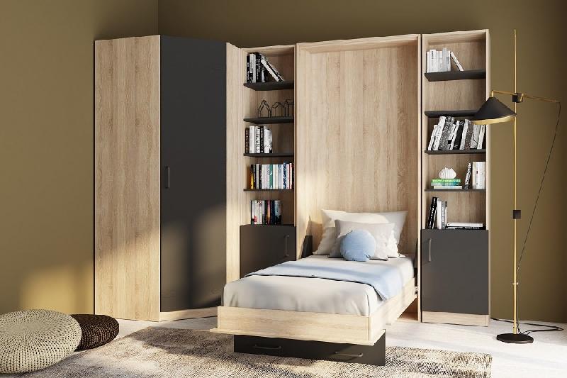 Composition lit escamotable style industriel KEY - Bi-ton chêne noir mat 90x200 cm avec angle dressing et bibliothèques_1