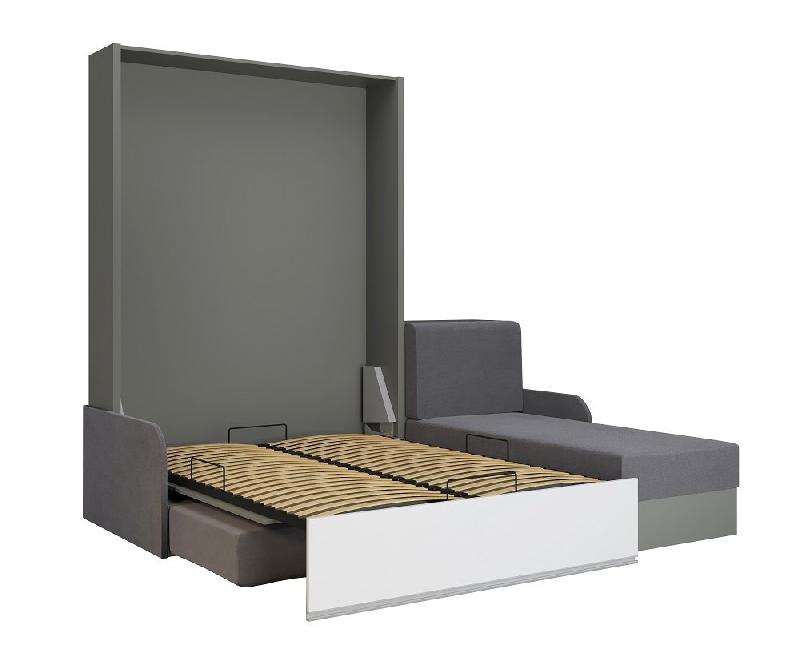 Lit escamotable Aladyno Sofa 140x200 cm - méridienne réversible tissu gris, bandeau blanc_1