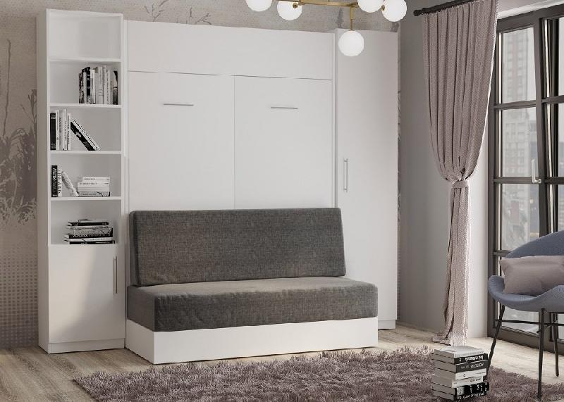 Composition lit escamotable blanc mat Dynamo Sofa - canapé intégré gris - couchage 140x200 cm avec colonne armoire et bibliothèque_1