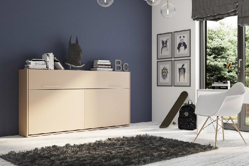 Armoire lit escamotable VERTIGO taupe mat - couchage quotidien 90 x 200 cm avec ouverture assistée_1
