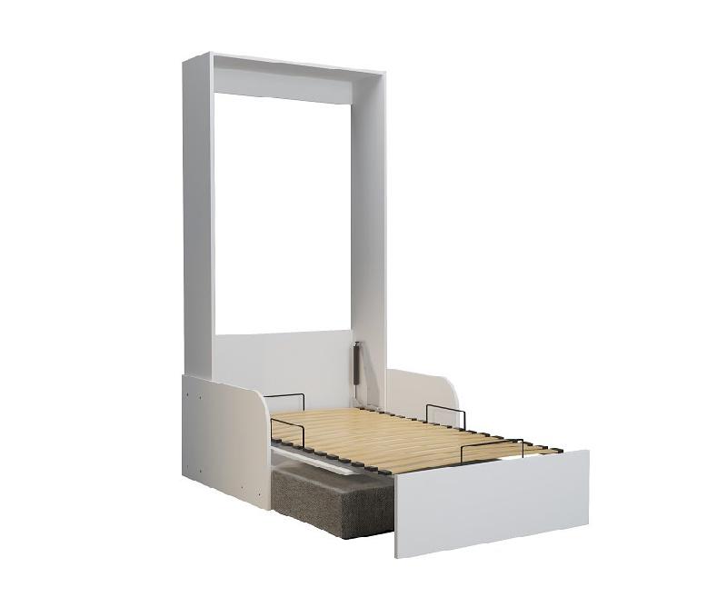 Armoire lit escamotable Dynamo Sofa - Canapé accoudoirs mélaminés blanc et tissu gris - Couchage 90x200 cm_1