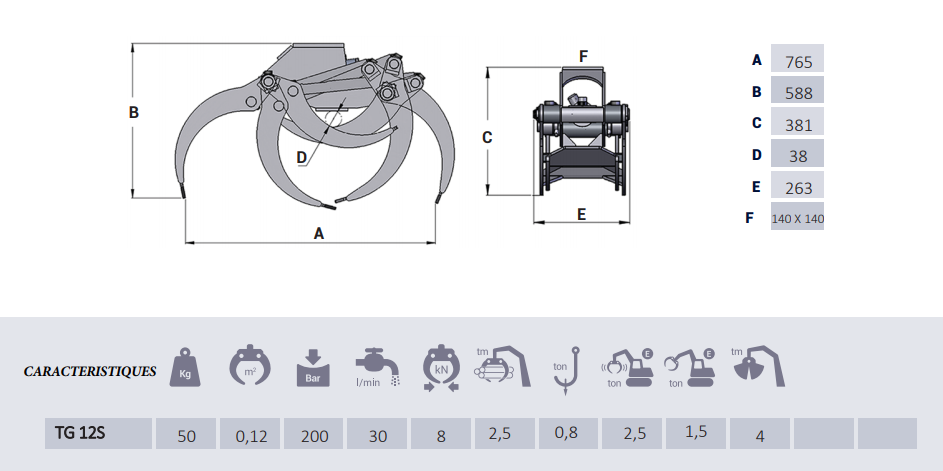 Grappin forestier TG12S - Usage intensif - Pour minipelle 2,5 t - Ouverture 77 cm - Poids 50 kg_1