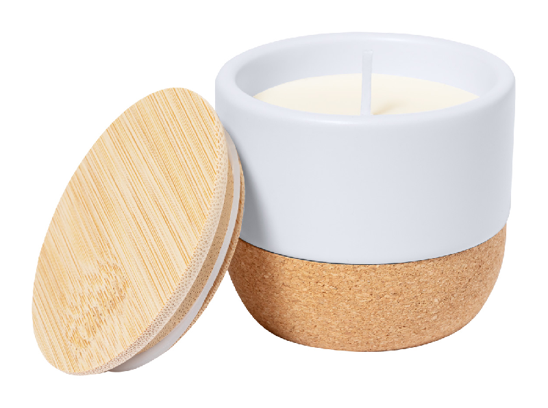 Bougie parfumée en cire végétale - parfum vanille - pot en céramique avec fond liège et couvercle en bambou - 188 gr_1