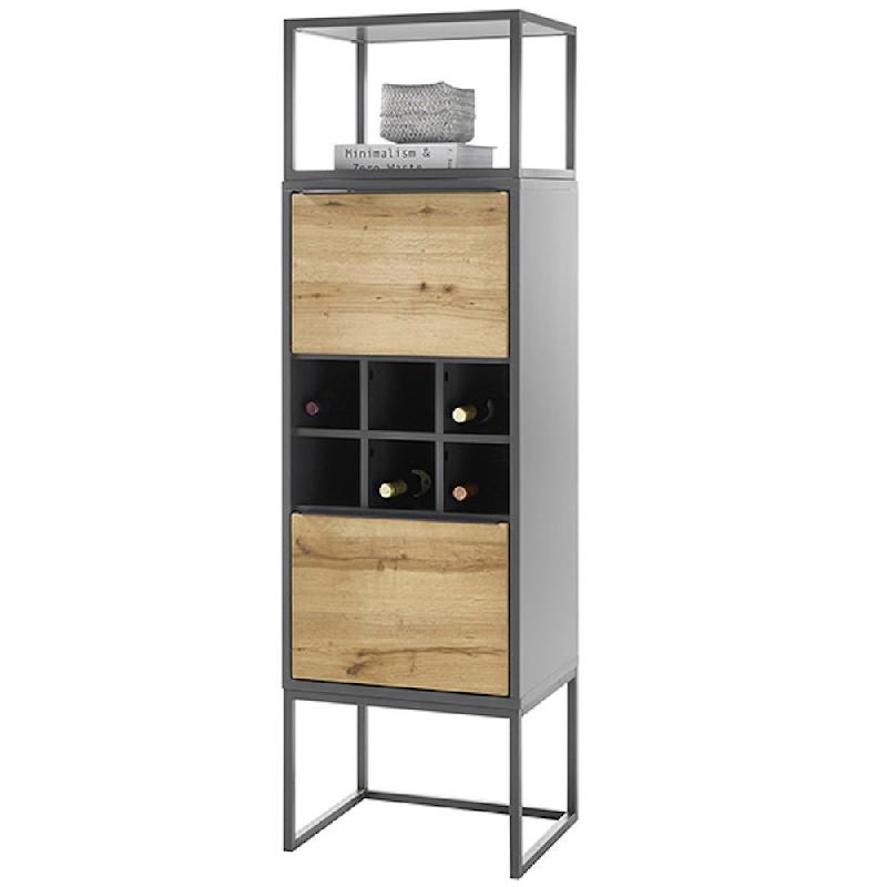 Rangement Abou - 1 niche, 2 portes, 1 étagère à bouteilles - MDF gris anthracite et plaqué chêne_1