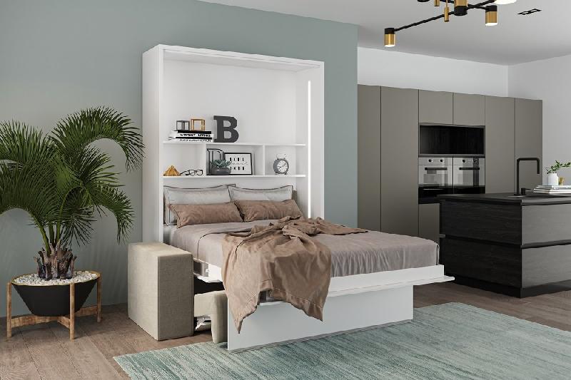 Armoire lit escamotable Palace Sofa 140x200 cm - Blanc mat - Canapé intégré taupe - Étagère design et LED intégrées_1