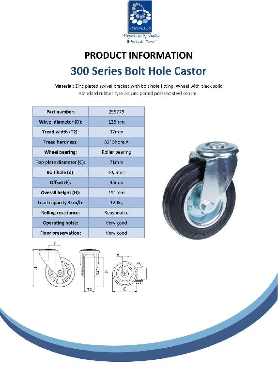 Roulette pivotante de 125 mm en caoutchouc noir sur roue centrale en acier embouti_1