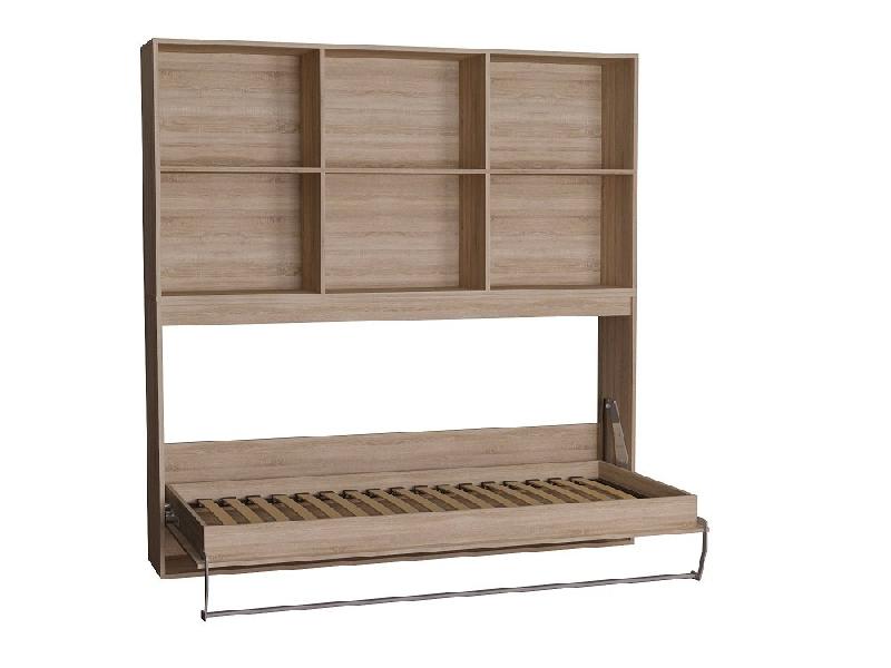 Lit escamotable STRADA-V2 - Mélamine chêne naturel avec surmeuble 6 niches - Couchage 90 x 200 cm_1