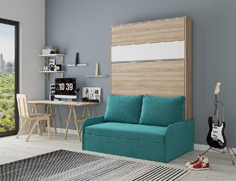 Armoire lit escamotable Bermudes Sofa - Chêne bandeau blanc - Canapé bleu - 160x200 cm avec coffre intégré_1
