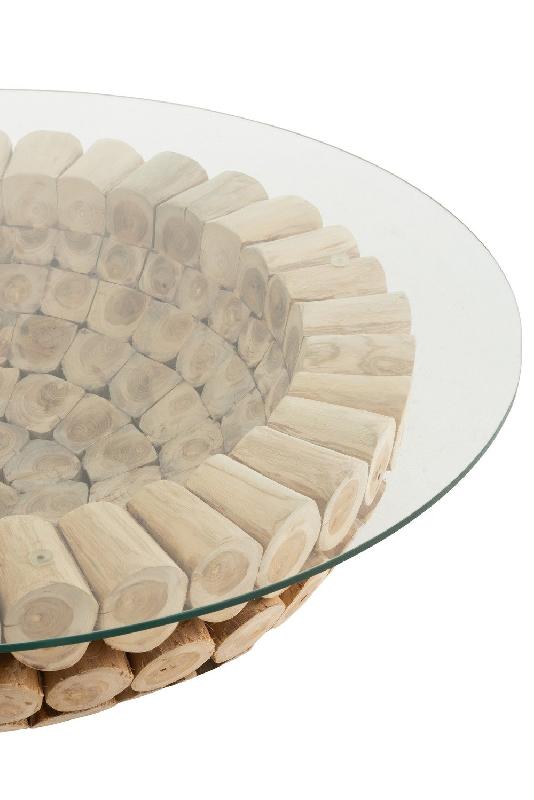 Table basse LAZA - Disques de teck naturel empilés avec plateau en verre trempé - Design indémodable_1