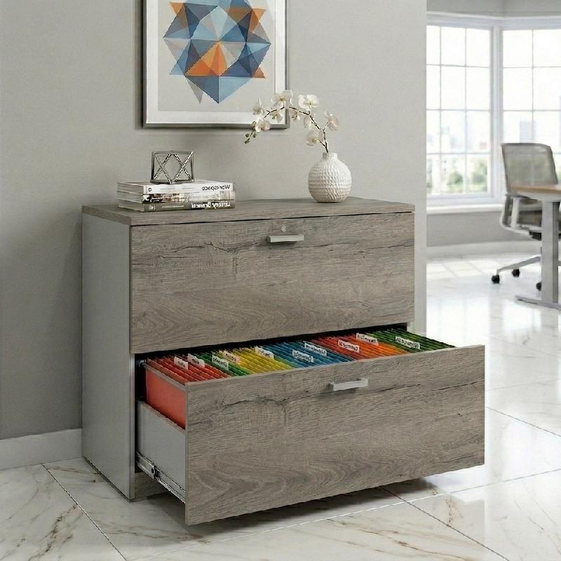 Classeur de Bureau Compact : Rangement Professionnel 2 Tiroirs pour Dossiers Suspendus - 100, Gris aluminium, Chêne grisé_1