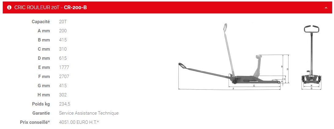 Cr-200-b - Crics rouleurs 20T - Sam Outillage - avec protection caoutchouc et norme CE EN 1494_1