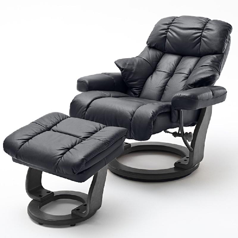 Fauteuil relax CLAIRAC XL - cuir noir - pied en bois noir - avec repose-pied - inclinable 135° - pivotant 360°_1