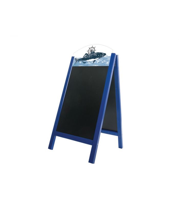 Stop trottoirs - Cadre bois bleu mer avec ardoises amovibles et bandeaux Poissonnerie - Interface PLV_1