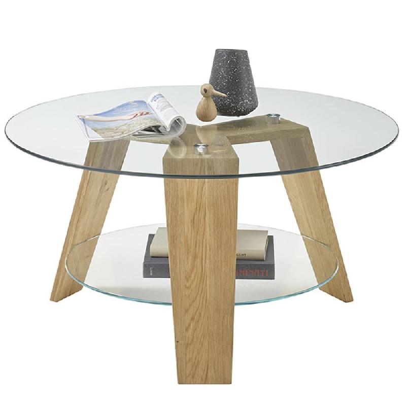 Table basse ronde Lucey - Plateau en verre et structure en chêne naturel - Diamètre 75 cm_1