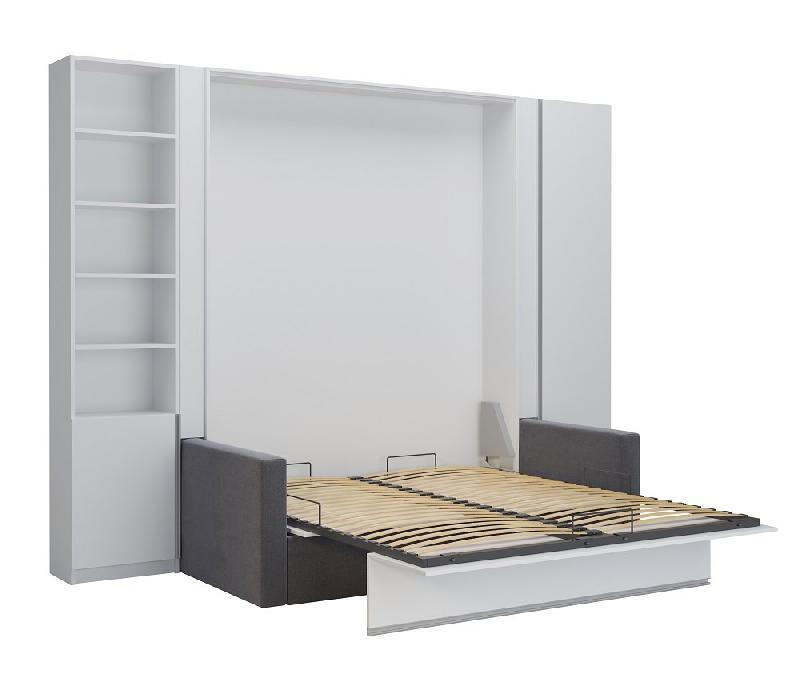 Composition lit escamotable 160x200 cm blanc mat DJUKE SOFA avec canapé gris et 2 colonnes_1